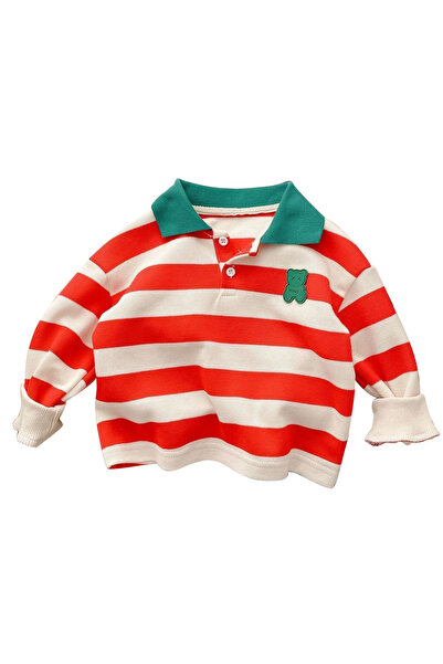L&Wen Boys Stylish Striped Long Sleeve Polo Shirt, Cartoon Print Top Red 130 ...