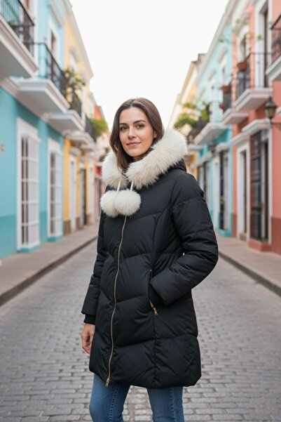 zhrcollection Black Fur Hooded Inflatable Women's Coat – Fiber Filled Inside,...