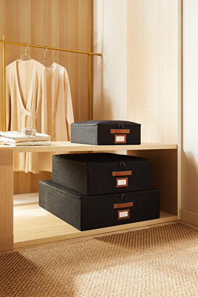 Ocean Home Textile 3'lü Siyah Jüt Baza Altı Valiz Düzenleyici Destekli Kutu H...