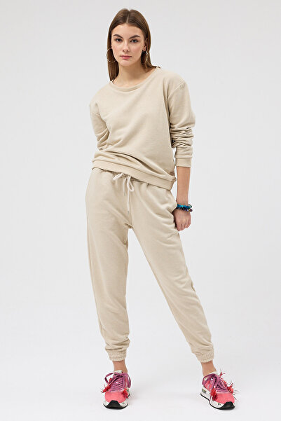 Soho Mood Pantaloni de sport pentru femei, din bumbac, bej, cu 3 fire, fără șardons