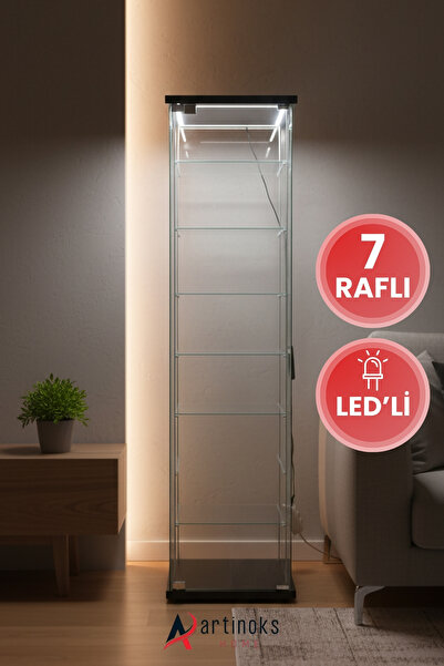 artinoks 7 Raflı Ledli Cam Vitrin Dolap Gümüşlük Koleksiyon Sergi Kitaplık Ka...
