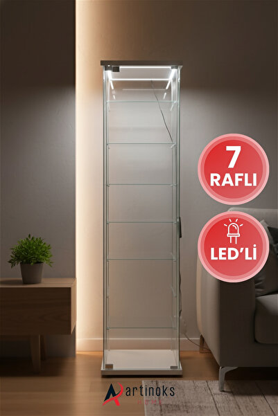 artinoks 7 Raflı Ledli Cam Vitrin Dolap Gümüşlük Koleksiyon Sergi Kitaplık Ka...