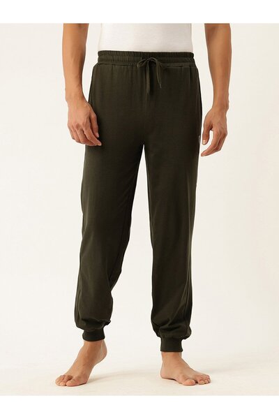 John Player By Styli Men Olive Cotton Joggers with Side Panel