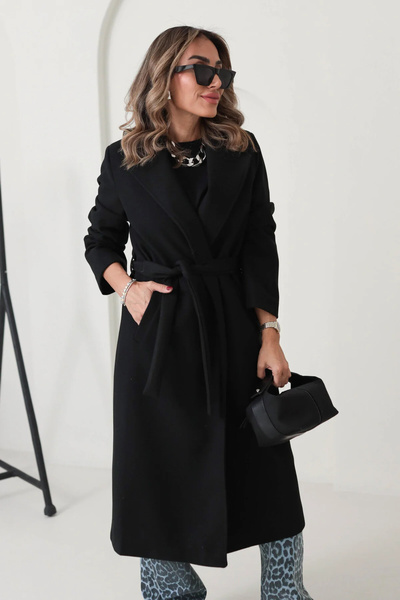 Reçel Kadın Siyah Astarlı Cepli Uzun Oversize Kaşe Kaban Kuşaklı