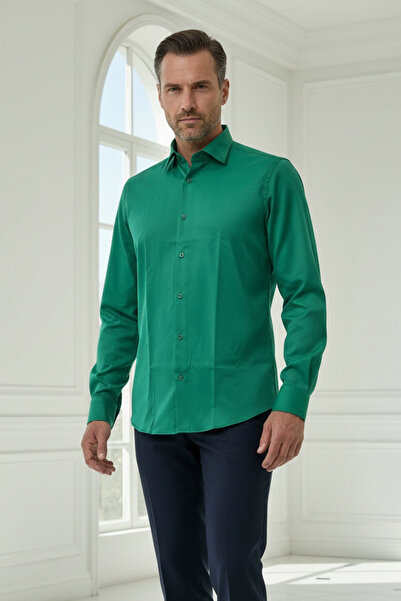 alenmeza Men's Emerald Green 100% Cotton Satin Non-Iron Casual Pocketless Modern Fit Shirt