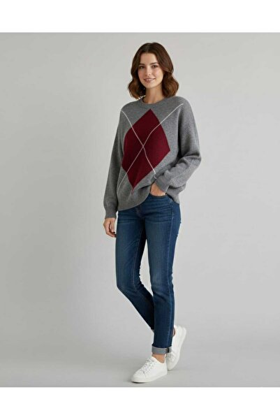 Cockatoo Women's Crew Neck Diamond Pattern Trendy Sweater Brown _Beige