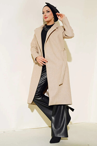 met home W1-58252 Women's Beige Belted Lined Long Oversized Cashmere Coat wit...