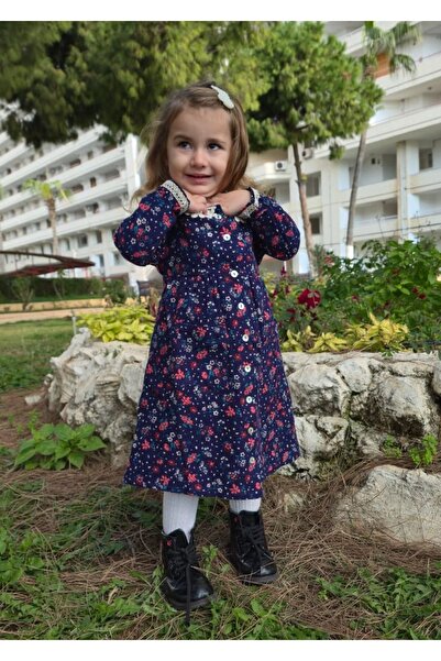 Burcumay Winter Thick Floral Patterned Pocketed Flannel Fabric Peter Pan collar Navy Blue Girl's Dress