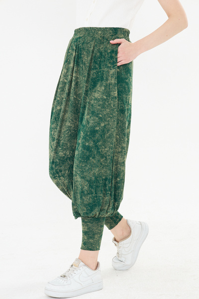 Avones Kadın Likralı Örme Viskon Şalvar Pantolon Cepli Pileli Manşetli Paça Rahat Kesim