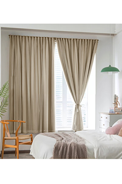 L&Wen Velcro Curtains with Sheer, 100% Blackout, 1 Panel, W200*H230cm,Fits Windows 1-1.3m Wide #Dark Beige