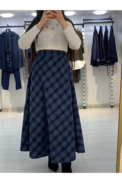 LE CARAMBOLE Women's Blue Plaid Patterned Long Flared Skirt