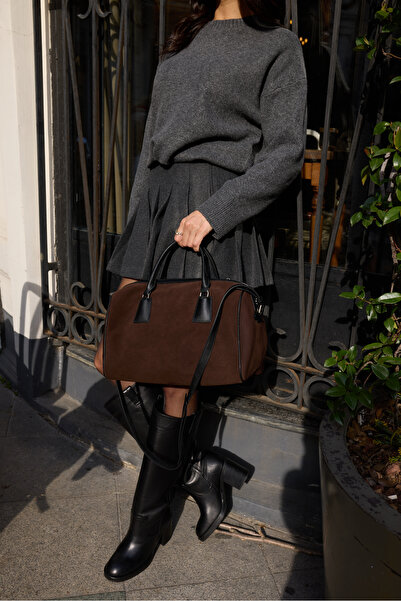 ANGELİNA JONES Vistola Women's Brown Black Gar Paneled Rcek Leather Suet Speddy Bag