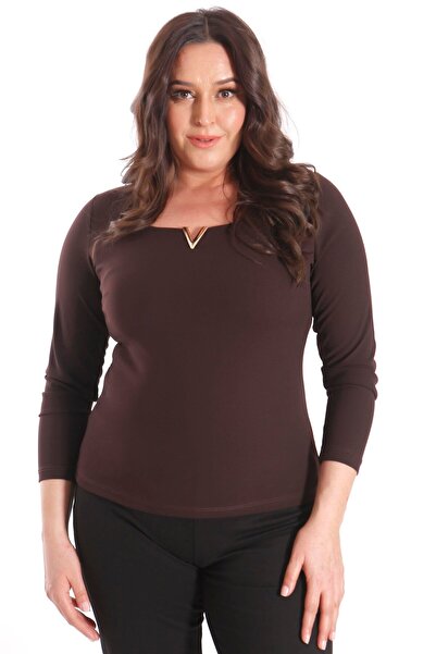 SERTUĞ Trend42plus Μεγάλο μέγεθος ελαστικό ύφασμα Κρεπ ύφασμα V Καφέ μπλούζα ...