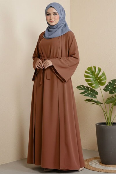 dorbe 2pcs sleeveless maxi dress belt waist abaya style long sleeve outwear c...