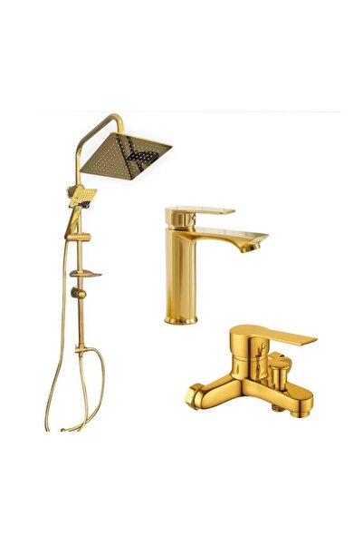 luxury faucet gold robot gold sabit gövdeli batarya gold banyo bataryası 3 lü...