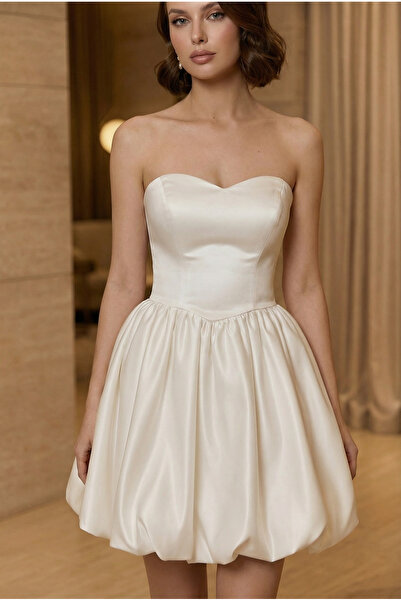 Hazal En Blanc Beyaz Saten Mini Balon Etek Straplez Kalp Yaka After Parti Elb...