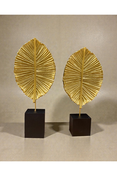 GİTTİGİTTİ Gold Yaprak Figürlü Dekoratif Obje İkili Set Siyah Kaideli