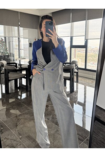 nowglamup Modern Cut Plaid Navy Blue Suit