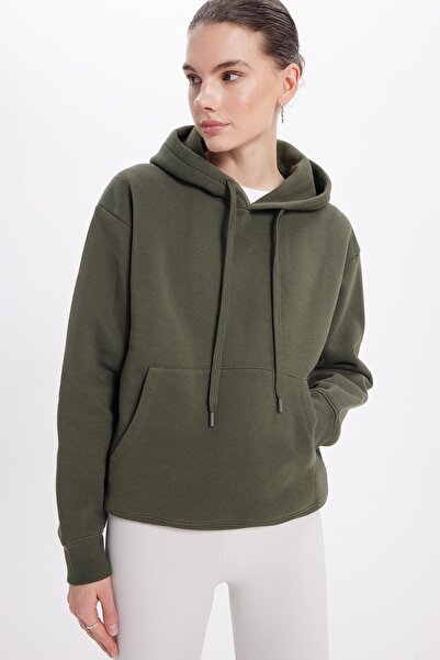 Tudors Women's Oversized wide cut cotton soft textured basic green k Hooded sweatshirt with fleece inside