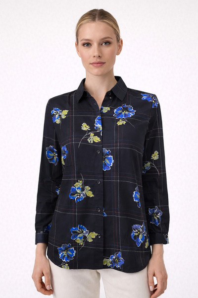 Nuevo Дамска черна риза с флорални мотиви и карета, с дълги ръкави и свободна...