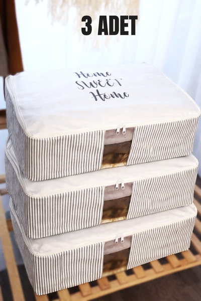 Timburly 3 Adet Home Sweet Home Çizgili Baza Altı Dolap üstü Büyük Yastık Yorgan Kazak Hurcu 22x46x62cm D9