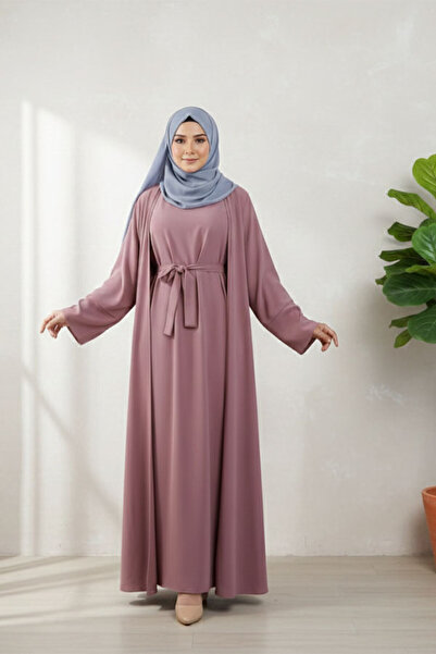 dorbe 2pcs sleeveless maxi dress belt waist abaya style long sleeve outwear c...