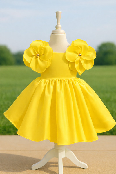 MUSGEM Özel Tasarım Sarı Çiçek Detaylı Saten Kız Çocuk Abiye Elbise