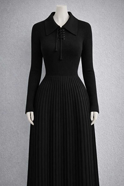 ZMODA SOFT kadın gömlek yaka uzun kollu tüylenmez örme kloş vintage uzun elbise