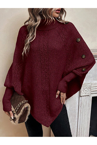 Flavus Puella Kadın Bordo Saç Örgülü Balıkçı Yaka Yarasa Panço Düğmeli Triko ...