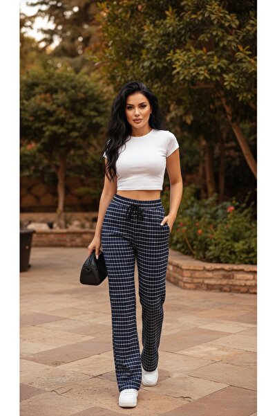 Miyalon Γυναικείο χτενισμένο βαμβακερό ύφασμα με κορδόνια, καρό, άνετο παντελόνι