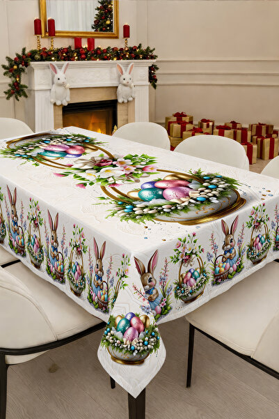 MonoHome Masa Örtüsü – Renkli Paskalya Tavşanı ve Yumurta Desenli Jakar Dokuma Kumaş Dijital Baskılı