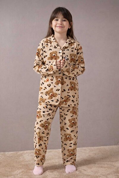 zahider Κοριτσίστικο σετ πιτζάμες από σουέτ με κουμπιά με βαμβακερό σχέδιο αρκουδάκι