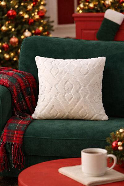Halımax Dream Plush Embossed Decorative Throw Pillow Cover Cream Washable Design Case 43X43Cm 1 Piece