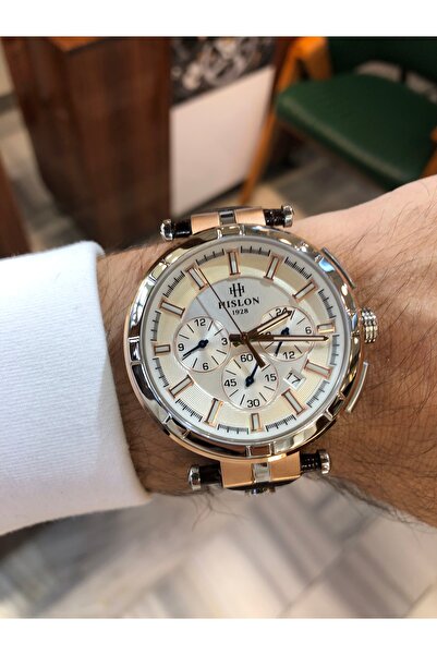 Hislon ساعة يد رجالية بعلبة فولاذية وحزام جلدي ومشبك على شكل فراشة وزجاج ياقوتي مقاوم للماء مع تقويم