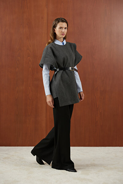 FUSHYA Deri Kemerli Kaşe Panço