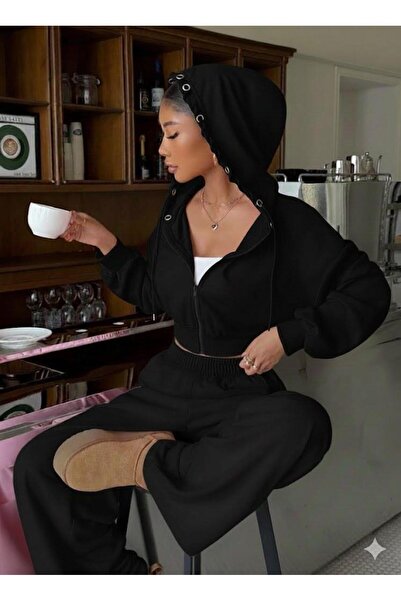 Afri Set de două piese pentru femei BlackCrop cu glugă Swea tricou și talie î...