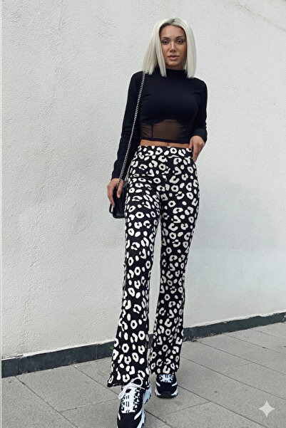 KaSheHa Dalmaçya Desenli İspanyol Paça Pantolonlu Dik Yaka Transparan Altlı C...