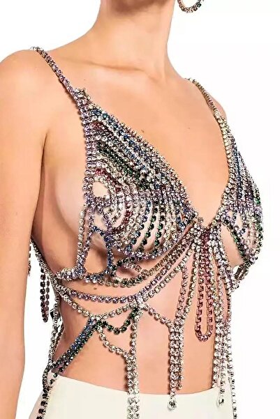 TAKIŞTIR Gümüş Renk Taşlı Bikini Üstü /Bralet /Vücut Aksesuarı /Fantezi Giyim