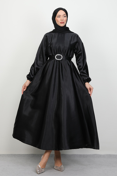 Lamia Giyim Zincir Motif Kuşaklı Elbise Siyah