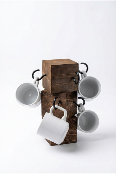 Bel&Co Home Masif Ahşap Kupa Askılığı - Tezgah Üstü Fincan Standı - Rustik Kahve Köşesi