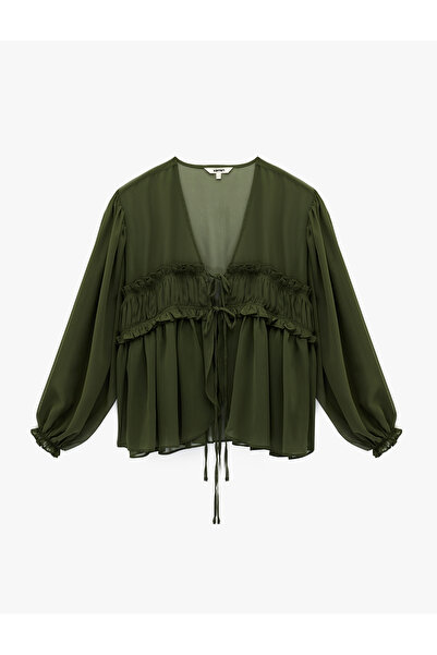 Koton Uzun Kollu Fırfırlı V Yaka Önden Bağlamalı Şifon Bluz