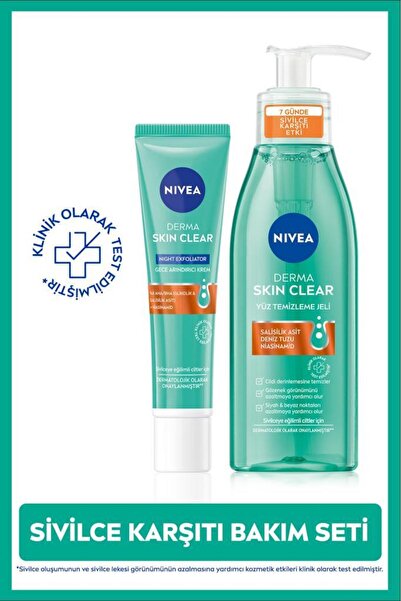 NIVEA Derma Skin Clear Karşıtı Yüz Temizleme Jeli 150ml ve Gece Arındırıcı Krem 40ml, Niasinamid