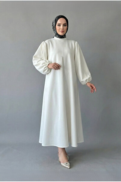 CHUL SCUBA KEMERLİ SÜMBÜL BEYAZ ELBİSE - GENİŞ BEDEN ARALIĞI