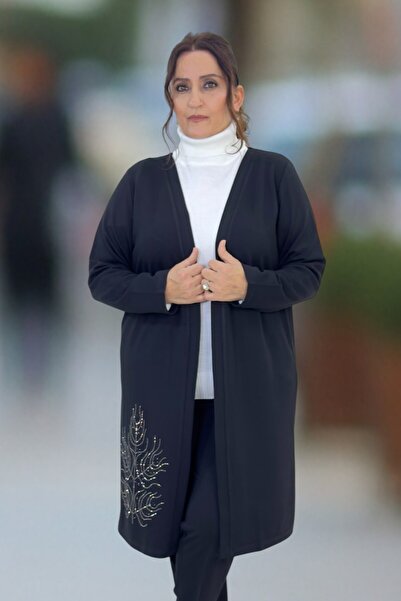 yagmurberen Stone-Embellished Detail Without Closure Shawl Collar Steel Knitting Oversized Long Coat