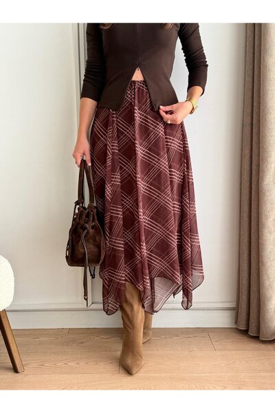 Mazelf Baby&Kids Wear kahverengi Desenli Bel Lastikli Şifon astarlı Etek