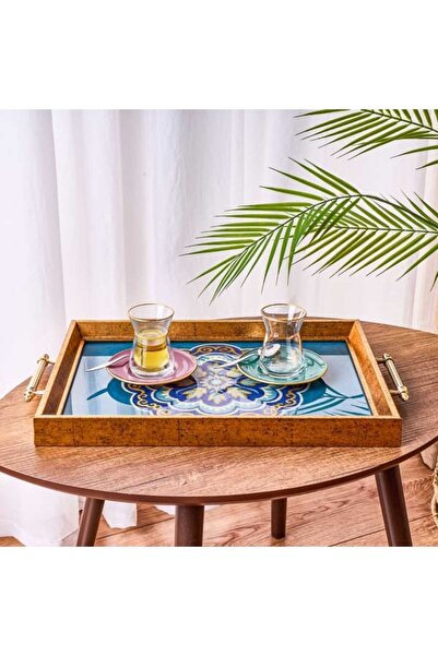 Evidea Kitchen Çiçek Desenli Ahşap Dikdörtgen Tepsi - Mavi - 43 cm