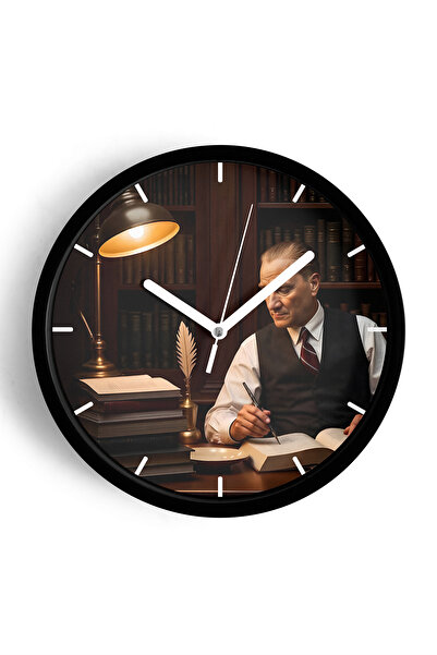 JHAAR Atatürk Temalı Dekoratif Modern Duvar Saati - 30cm - Önü Camlı Siyah Ka...