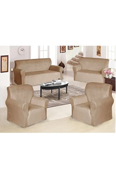 Evory Home Velvet non-slip Super Stretchable Sofa Covers Set for Seven Seats of 4 Pieces in Sand