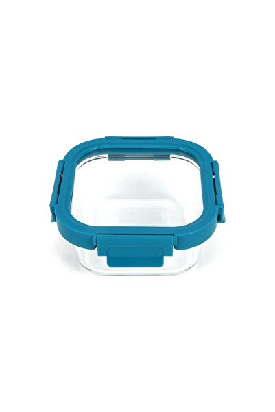 Chefline Square Food Storage Glass Container With Lid, Teal Blue, 520 ml