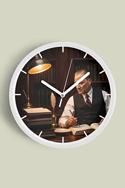 JHAAR Atatürk Temalı Dekoratif Modern Duvar Saati - 42cm - Önü Camlı Beyaz Ka...